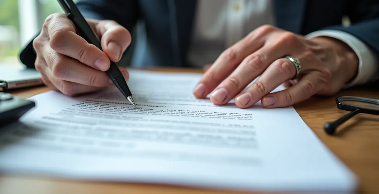 Detailaufnahme von Händen mit Versicherungsdokumenten und Taschenrechner auf Holztisch